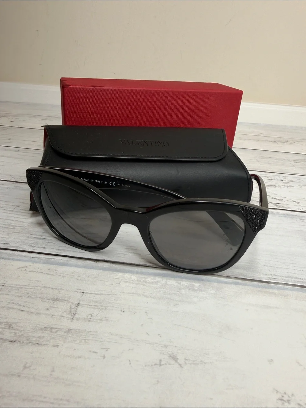 Valentino Black Cat-Eye Sunglasses with Glitter Temple Accents